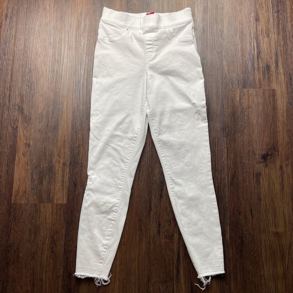 SPANX Jean Leggings Sz S White Distressed Raw Hem Pull-On Stretch 20229R